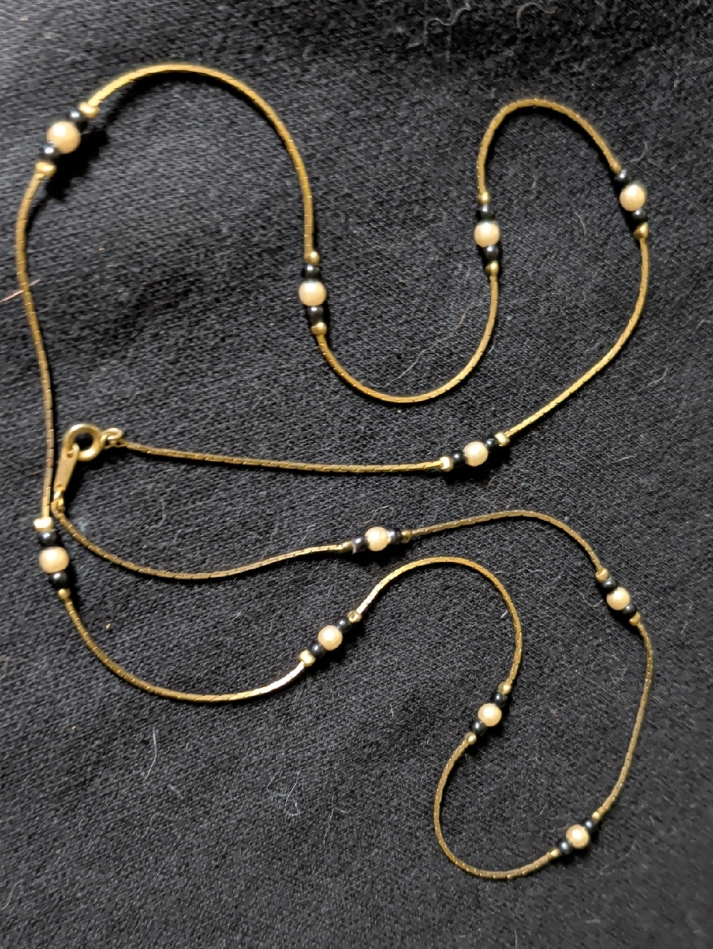 Gold Chain Necklace with Cream Pearl Beads and Black Accents